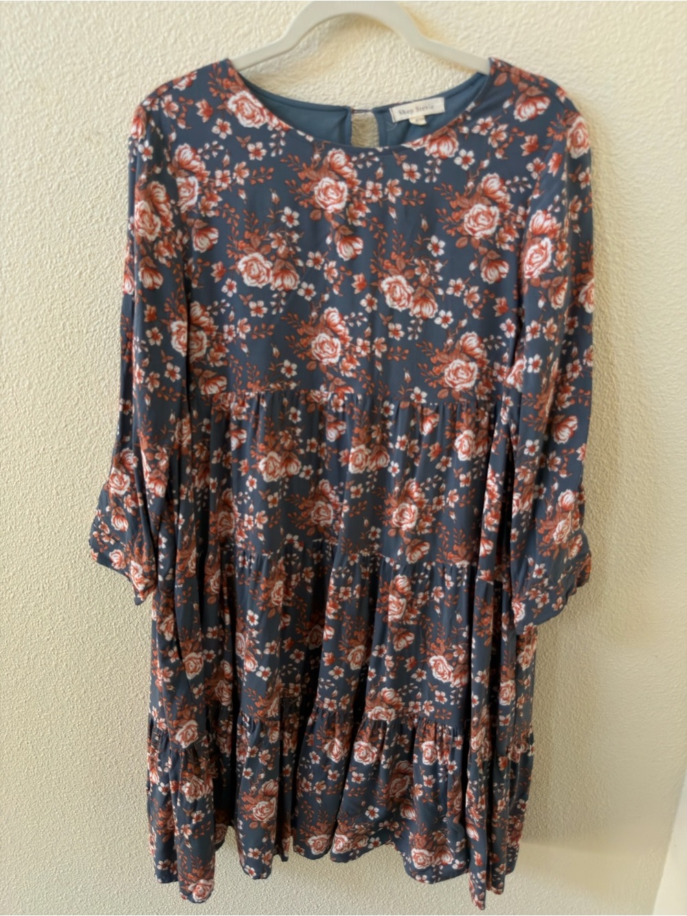 Shop Stevie Blue Floral Tiered Dress with Rust Accents